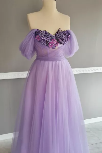 Lila Drapeli 3 Boyutlu Dantel Detaylı Abiye