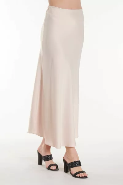 Ekru Düz Uzun Saten Etek