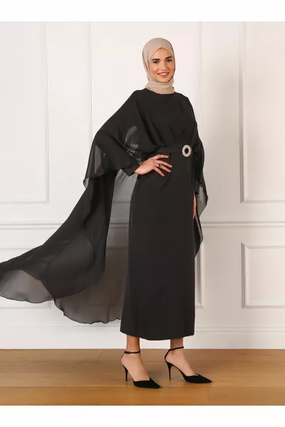 فستان سهرة شيفون كيب بحزام حجاب - أسود - Refka