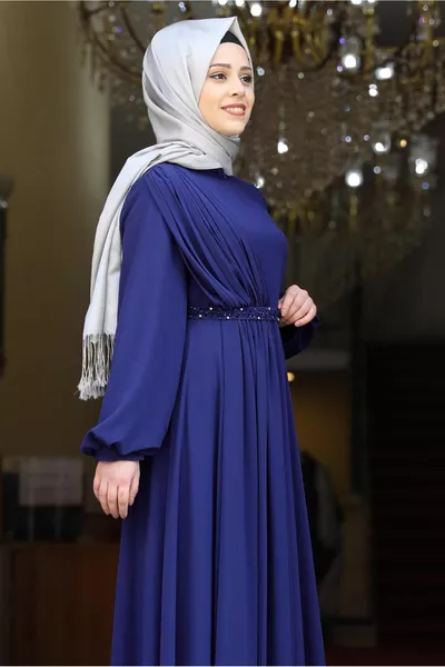 نسائي أزرق كحلي (SAKS) ثنى فستان سهرة مفصل T 