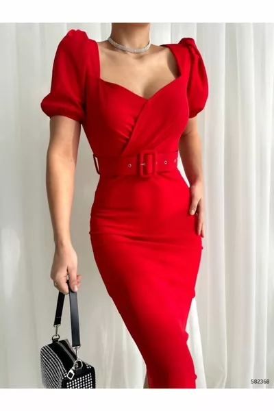 Col croisé Manches courtes Ceinturé Longueur midi Robe en tissu crêpe Promesse de mariage Fiançailles Graduation