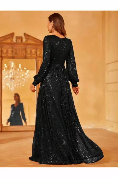 Robe de soirée maxi à manches longues à col en V à sequins