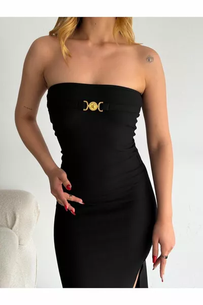 Women's Black Ottoman Fabric Strapless Gold Accessory Detailed Slit Midi Evening Dress