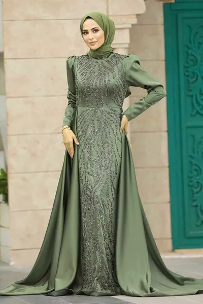 Hijab Evening Dress - Tailed Khaki Satin Hijab Evening Dress HK