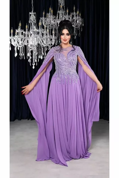 Zena Модный бисер Вышивка Сундук Детализированный Накидка Рукав Вечернее Платье