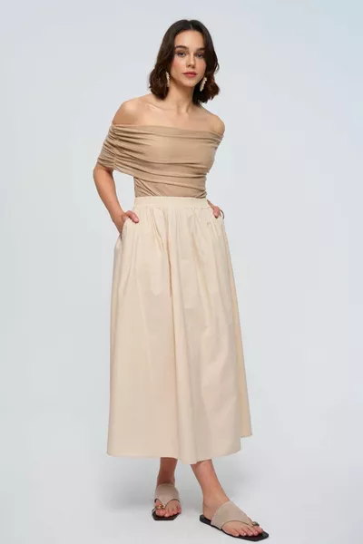 Elasticated Poplin Beige Midi Skirt
