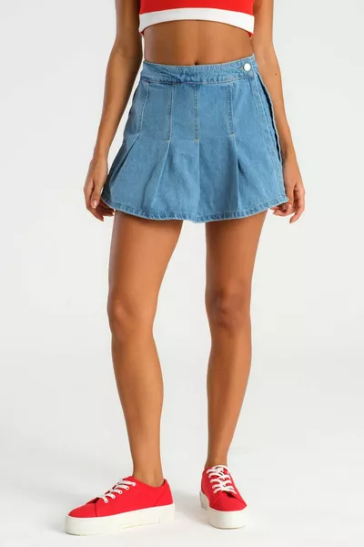 المرأة الحجر الأزرق اللون الجبهة مطوي صغيرة الحجم الدنيم السراويل تنورة