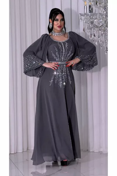 Zena Fashion Special Design Stone Print Abito da sera con cintura dettagliata con manica ricamata