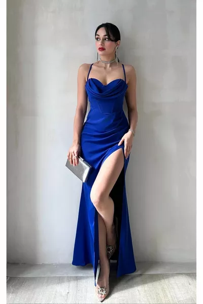 المرأة مساء اللباس رقيقة حزام الصليب التعادل في الخلف Degaje طوق الظهر منخفضة قطع شق عميق