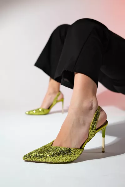 OVERAS Robes de soirée à talons minces pour femmes à paillettes vertes