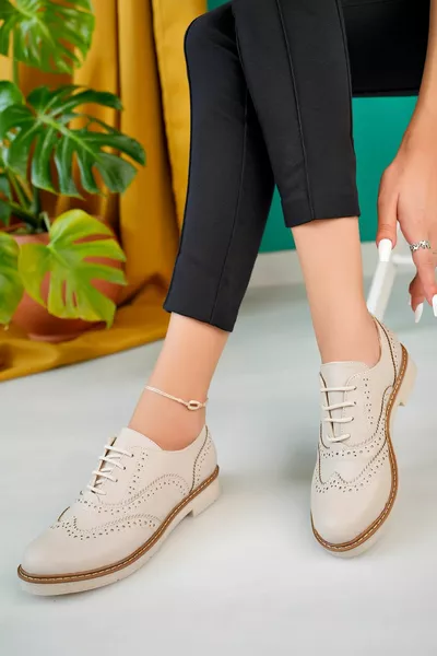 نسائي دانتيل مفصل كريم يومي أكسفورد أحذية