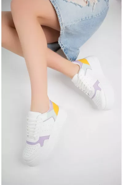 Padded Heel Lilac Garnished White Women's Shoes