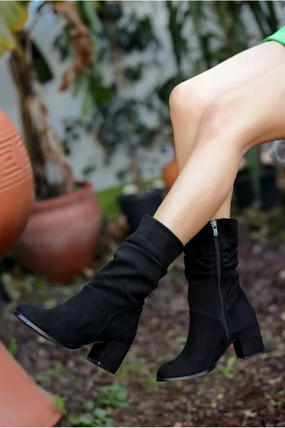 Leony Black Suede Heeled Boots