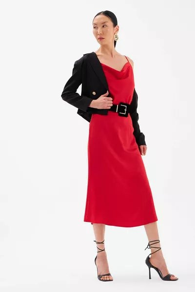 Straight Satin Skirt - Red