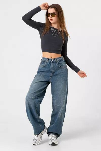 Blue Buckle Detailed Loose Fit Wide Leg Comfortable Baggy Jean Denim Shabby Women's Pants @milano