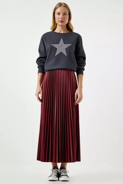 المرأة بورجوندي سطح لامع مطوي تنورة محبوك 