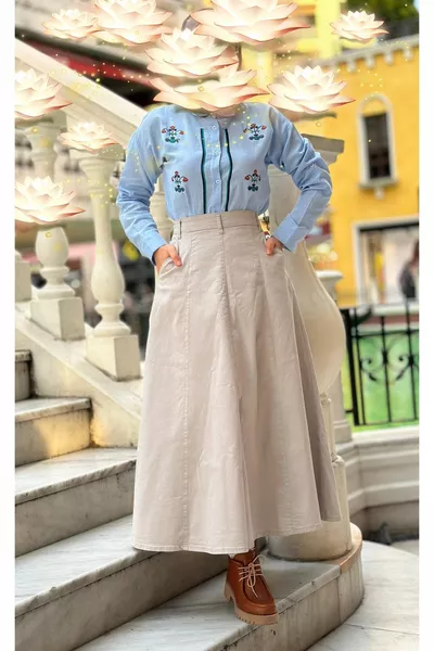 Gabardine stof hoge taille stuk grijze rok met zakken