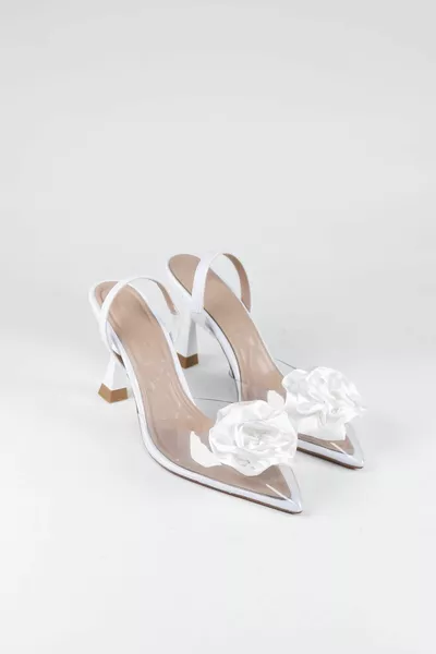 فستان سهرة نسائي ، كعب وردي شفاف مفصل