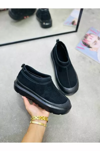 بولا ميني أسود من جلد الغزال نصف الأحذية الريش شقة وحيد أحذية نسائية