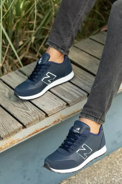 Men's Navy Blue White Lace-Up Flat Comfort Casual Sole Casual Sneaker Flexible Walking Sneakers