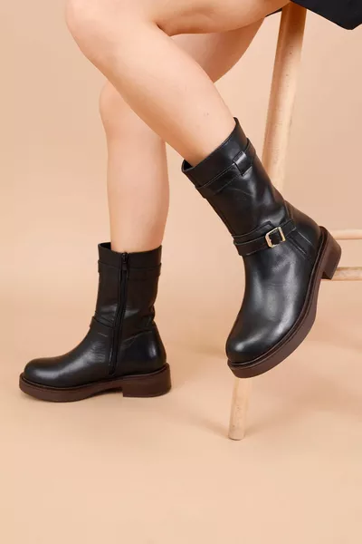 Veder Bottes Femme Cuir Véritable Semelle Épaisse Noir