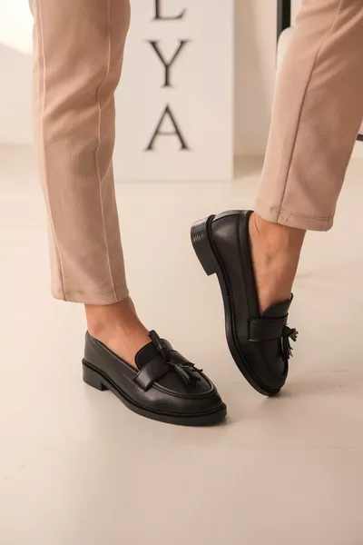 Gaby Черная кожа с кисточками тонкая подошва (3 см) лоферы женская обувь