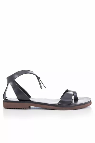 Sandales pour femmes en cuir véritable noir faites à la main - 