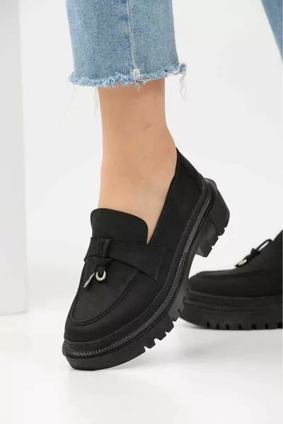 Damen Thick Sole Loafer Loafer Wildleder Schwarz