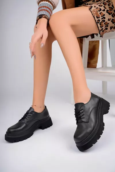 Натуральная кожа Черные Женские Повседневные Туфли с толстой подошвой Кожаные Лоферы 