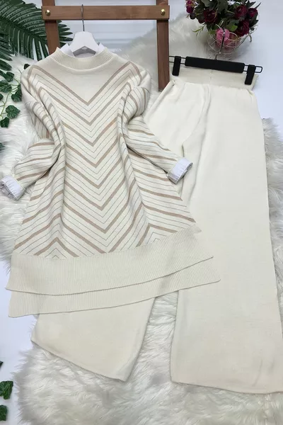 Серебристый трикотаж Туника Брюки Комплект - Камень