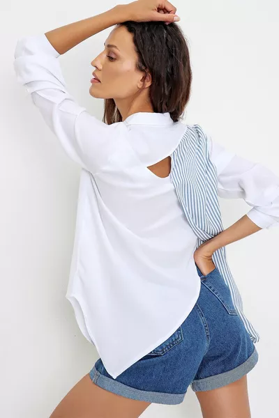 Women's White Low-Cut Asymmetrical Cut Woven Shirt 