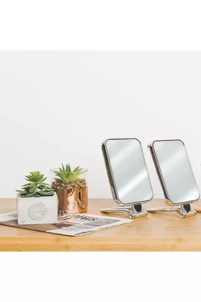 مرآة مكياج مزدوجة الوجه للمنضدة بقاعدة كروم مرآة مكتبية مرآة يدوية