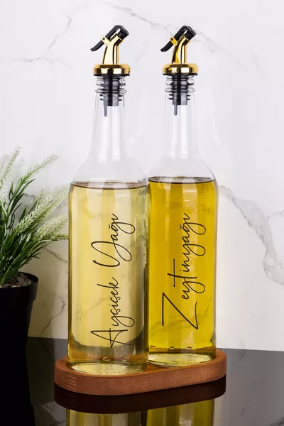 Set of 2,  ml Sunflower Oil and Olive Oil Bottles with Wooden Stand, Glass Oil Dispenser with Gold Cap