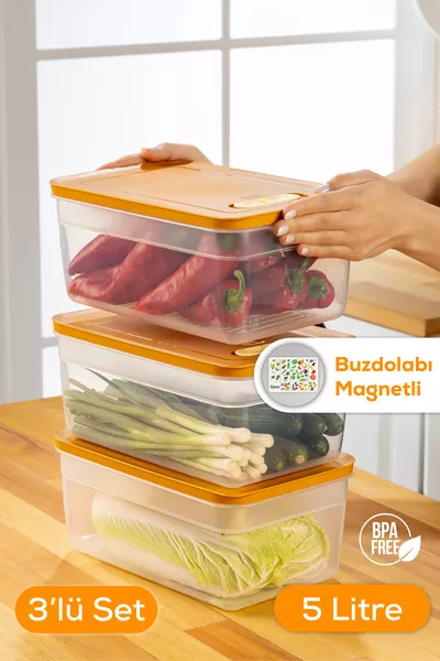 3'lü Ayarlı Sebze Ve Meyve Saklama Kabı Turuncu 5 Litre