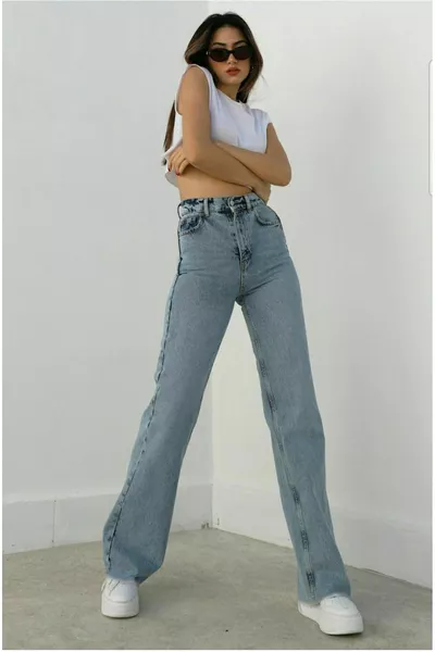 سيندي مستقيم شق الثلج غسل الأزرق ليكرا سوبر عالية الخصر رث جينز 1