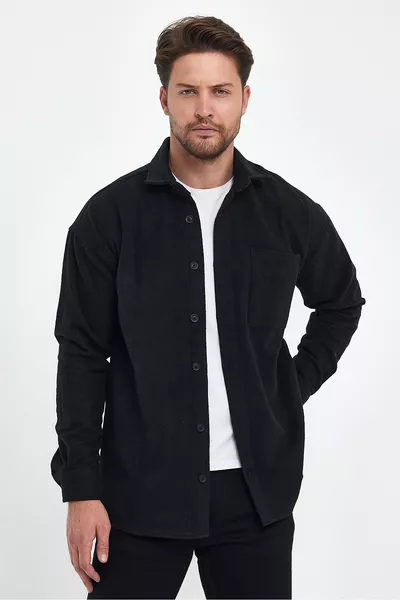 Мъжко зимно палто с редовна кройка, риза, черно