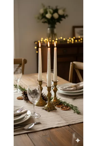 شمعدان ثلاثي مع شموع بلون الكريمة وذهبي