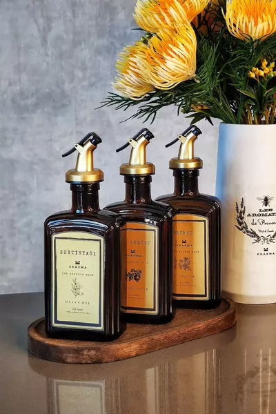 Amber Gold Olive Oil Pomegranate Molasses Vinegar Bottle with Wooden Stand 3-Piece Set ml 