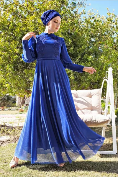 Marineblauwe (INDIGO) Guipure Gedetailleerde Glitter Avondjurk  voor dames