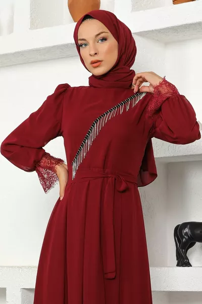 Chiffon-Abendkleid mit Steindetail Burgund 