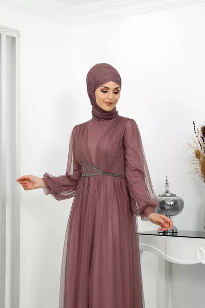 حبة مفصلة Aysima الحجاب مساء اللباس روز مجفف