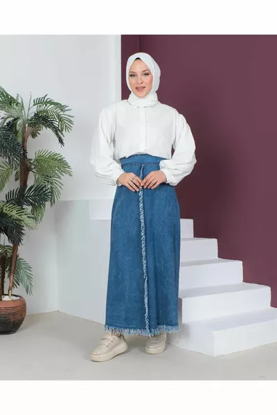 Ruffle Detailed Hijab Outdoor Snow Wash Denim Skirt