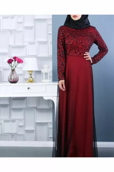Abito da sera hijab ricamato con paillettes rosse da donna