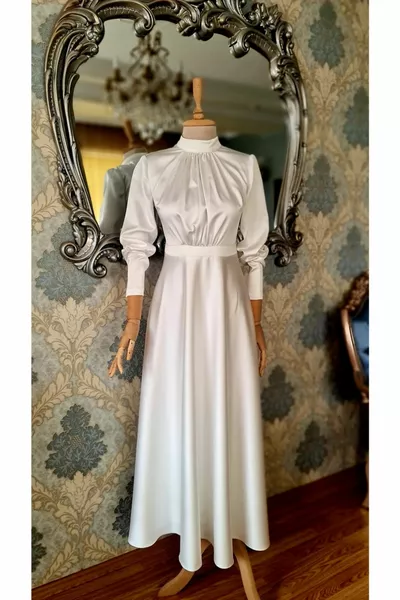 Экрю Белая атласная ткань Кулиска Платье хиджаб с деталями