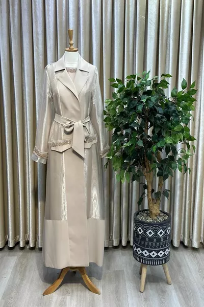 Organized and Stone Detailed Crepe Fabric Hijab Stylish Double Abaya Dress