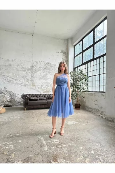 Robe midi en tulle indigo