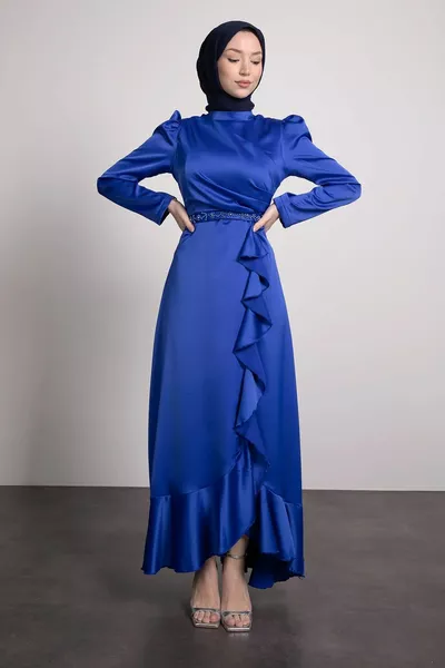 Hijab evening dresses with stones on the belt and pleated on the front