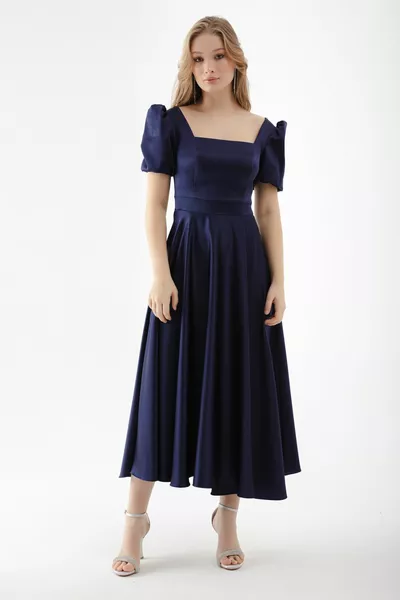 Marineblaues Midi-Abendkleid mit quadratischem Ausschnitt und Ballonärmeln für Damen