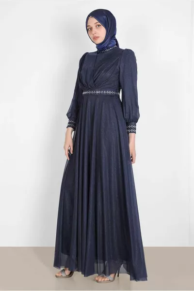 Abito da sera donna blu navy stone glitter 