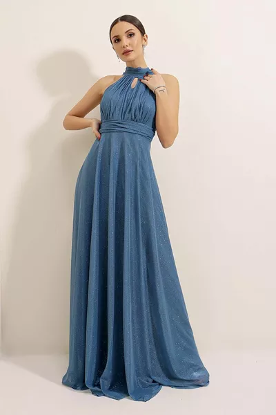 Langes Glitzerkleid mit Krawatte Liner Indigo